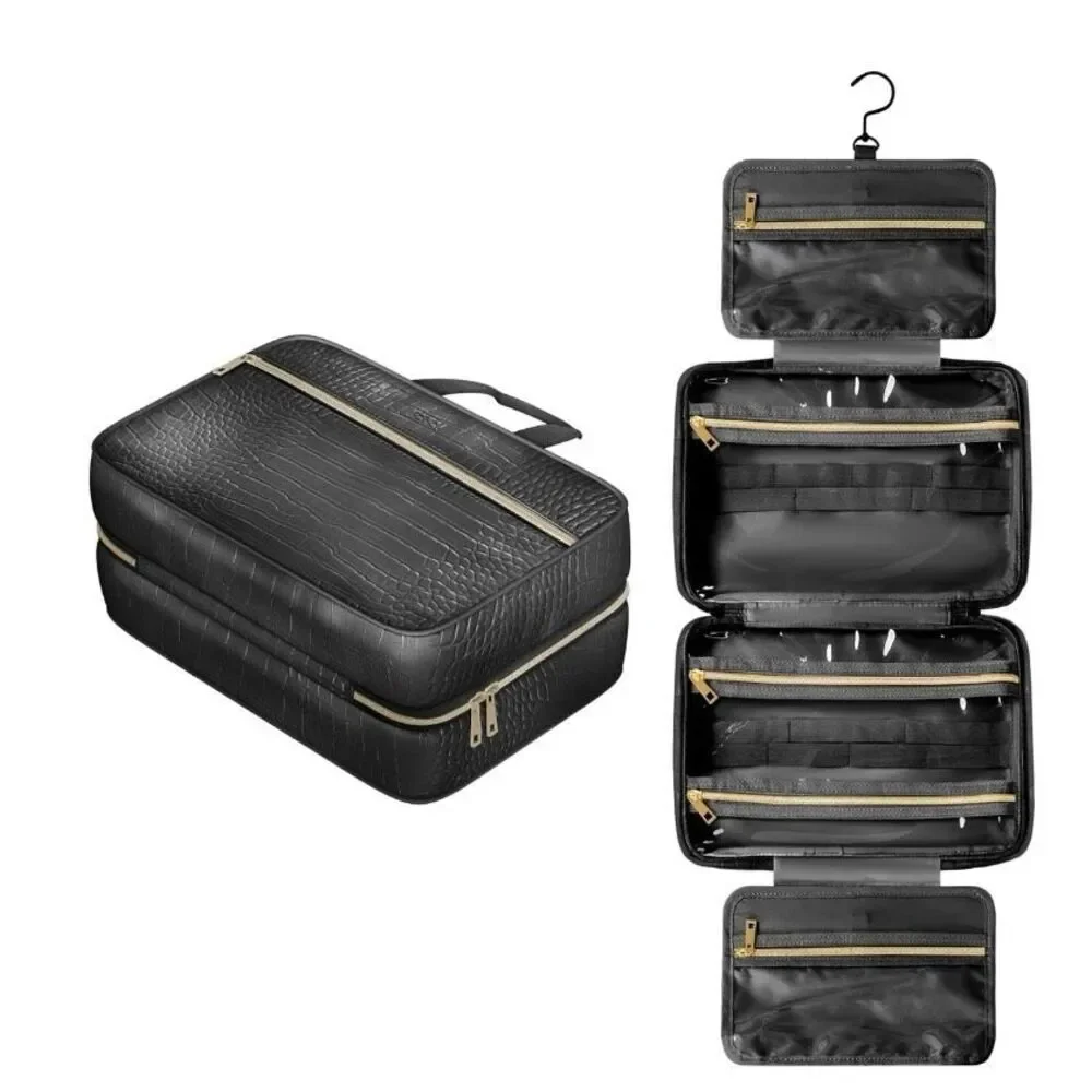 Leather Hanging Toiletry Bag for Men Women Spacious Toiletry Travel Bag Black